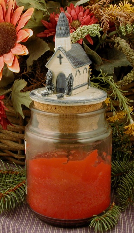 jar candle topper church